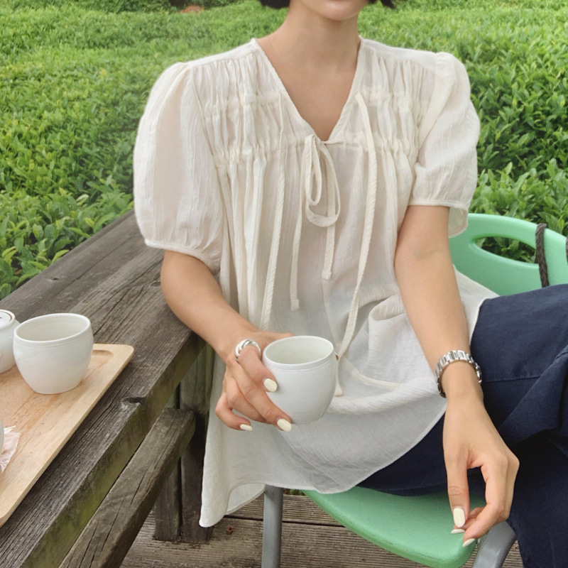Women's Clothing from Dongdaemun, Korea: High-Quality Tencel Linen Cool-Touch Front Drawstring Large Hem Top, Available in Plus Sizes, Can Be Worn as a Shirt