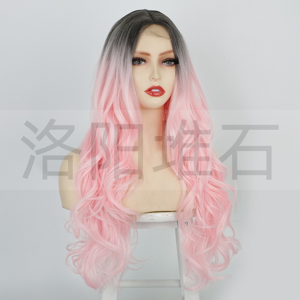 wig small lace long curly hair big wavy gradient pink chemical fiber headgearpicture3