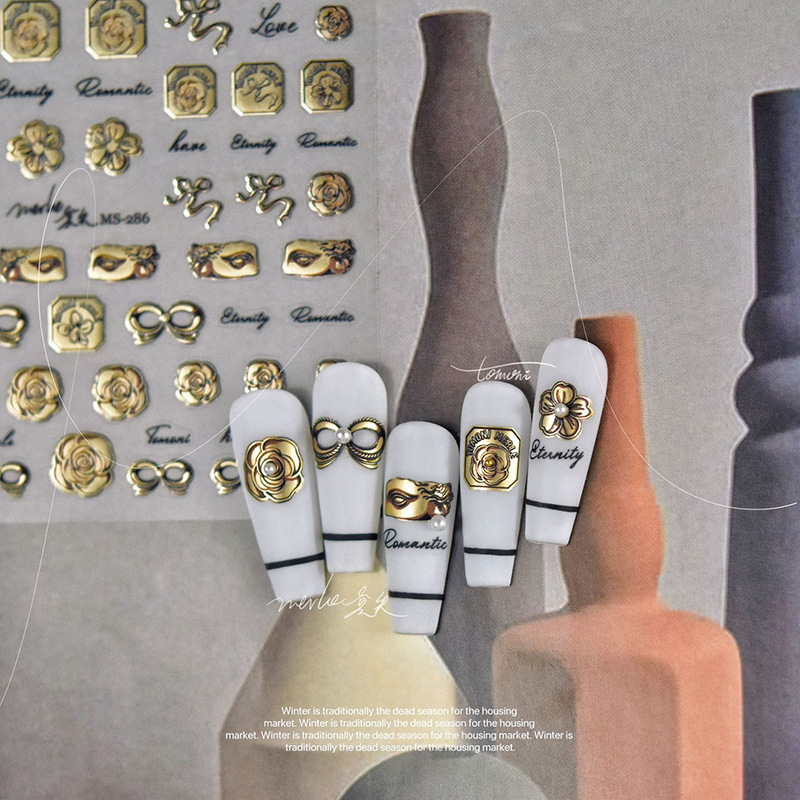 Hot Gold Flower Label Nail Art Stickers Tomoni Embossed Japanese Style Retro Nail Stickers Black Flower White Picture Frame Nail Art Accessories