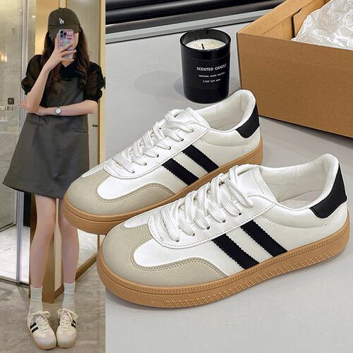 2025 Hong Kong Style Retro Striped White Sneakers Fashion Breathable Lace-Up Women's Shoes