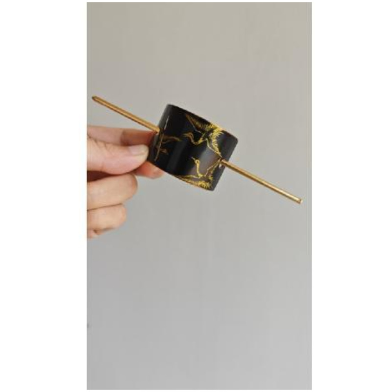 原创《飞鹤图》大漆描金手绘仙鹤新中式马尾簪手作铜胎漆