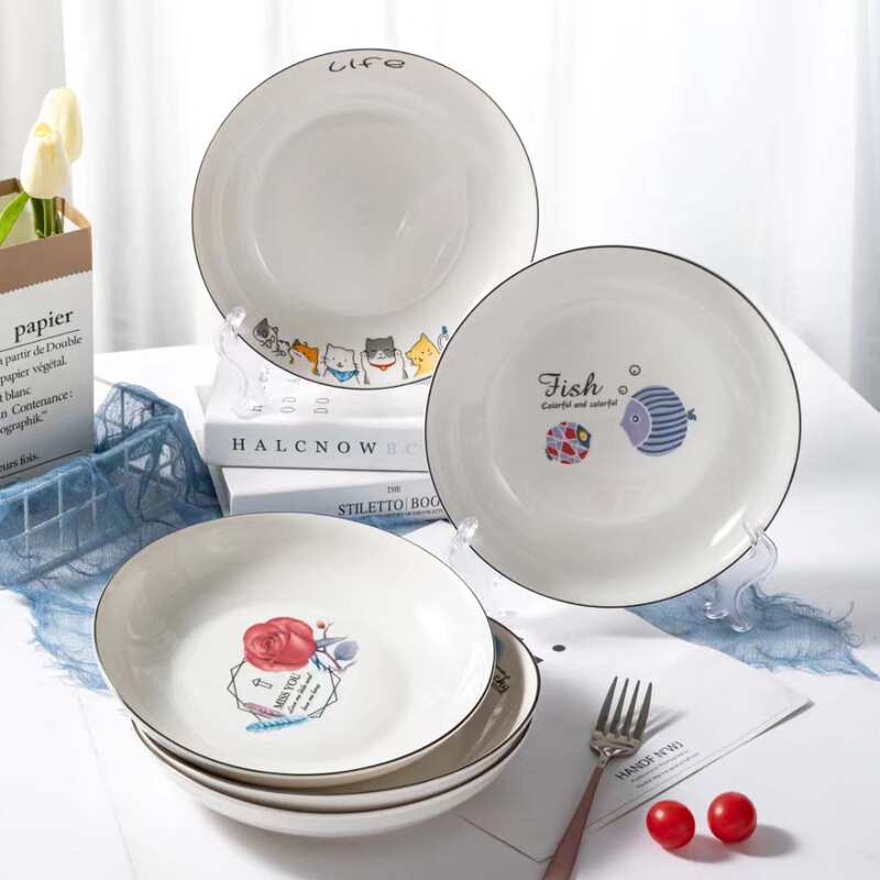 Sanyuan Dian Dishes Dishes Household Multi-flower Ceramic Deep Dinner Plate Dishes High Color Value Creative Dessert Dishes Processing Patterns