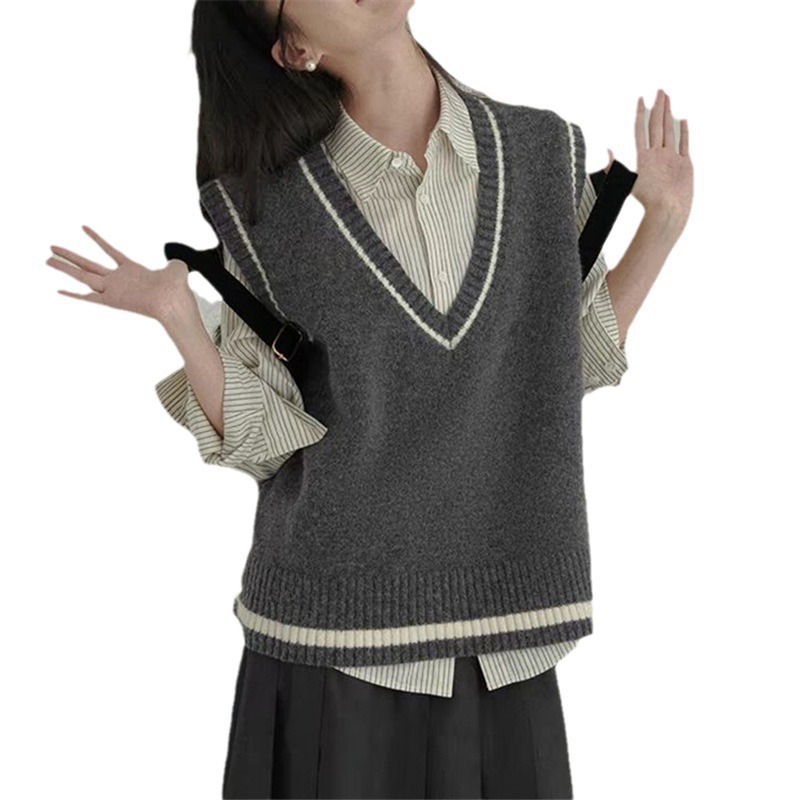 24 Dongpuyuan nuevo estilo de estilo universitario chaleco de punto suelto de primavera y otoño para mujeres collar en V