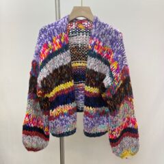 秋冬粗棒针彩虹条纹宽松慵懒风手工立体撞色拼接针织开衫毛衣外套