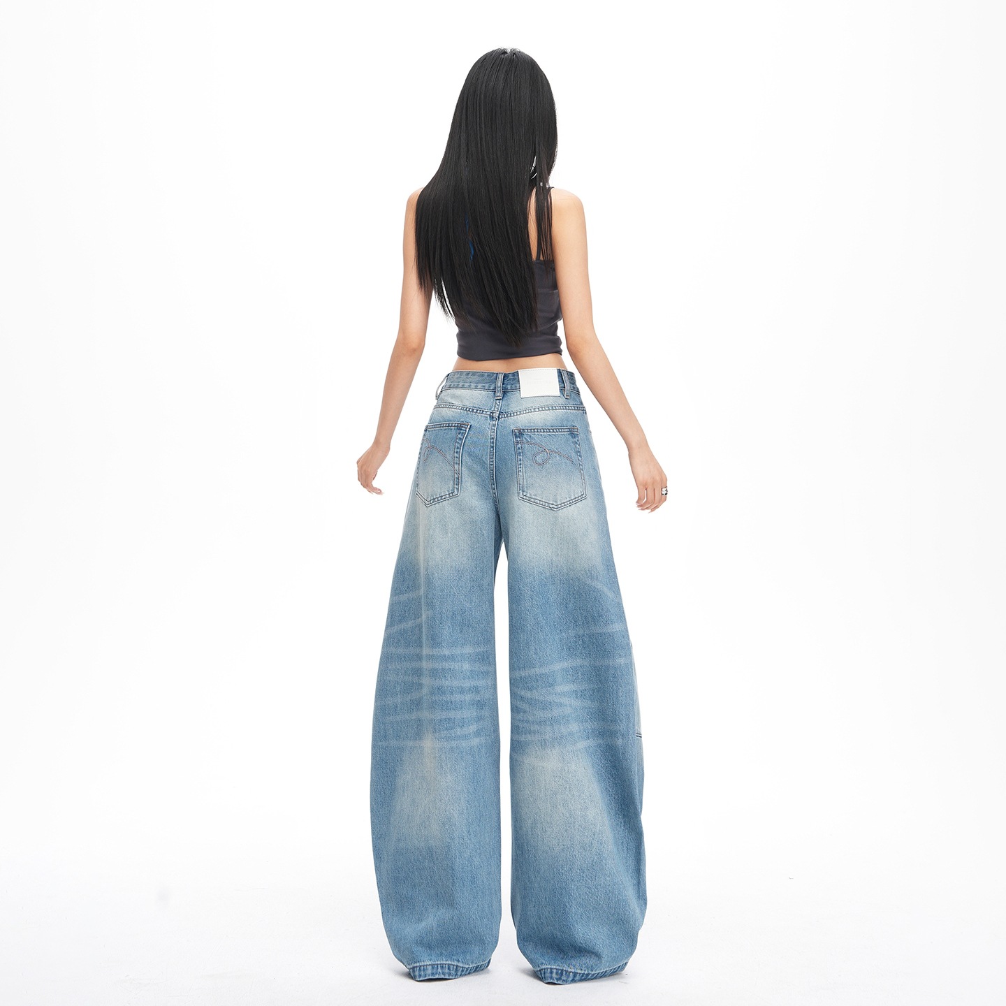 Spring and Summer New Style French Embroidered Blue Washed Mid-High Waist Slimming Wide-Leg Jeans for Women