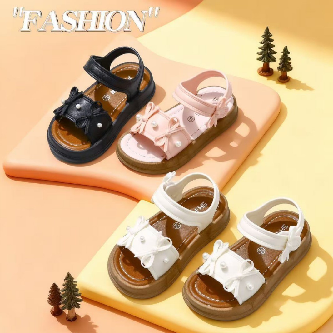 2026 New Style Girls' Roman Sandals, Children's Solid Color Bow Sandals, Little Girls' Soft-Soled Sandals Wholesale