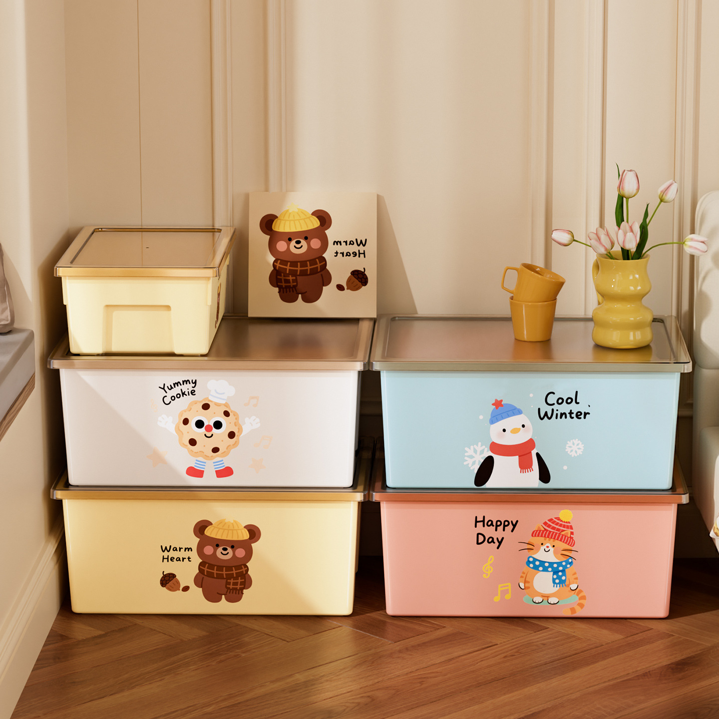 Dopamine Color Storage Box Household Storage Box with Lid Cute Cartoon Pattern Storage Box Multifunctional Storage Box