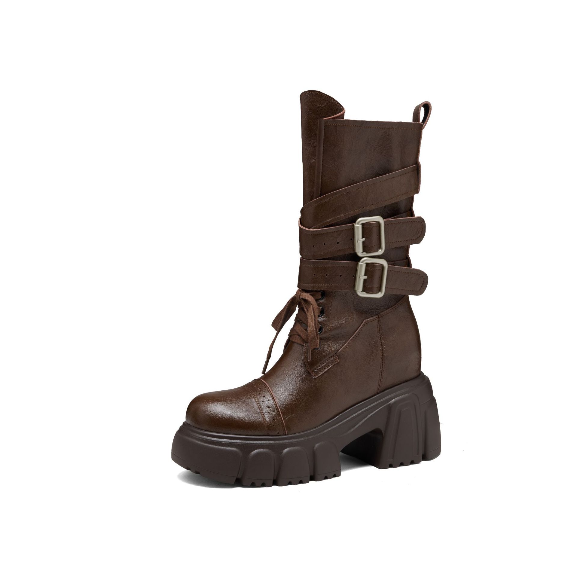 Boot nữ cổ cao ôm bắp chân đế dày 10 cm phong cách phương Tây cổ điển — Lớp lót nhung đen