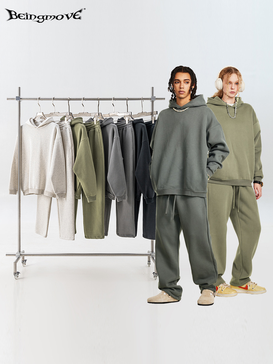 Conjunto de Sudadera con Capucha y Pantalones Rectos Casuales para Hombre, Estilo Americano, Marca de Moda, Otoño/Invierno 2025, Grueso, Holgado, de Color Sólido, con Forro Polar