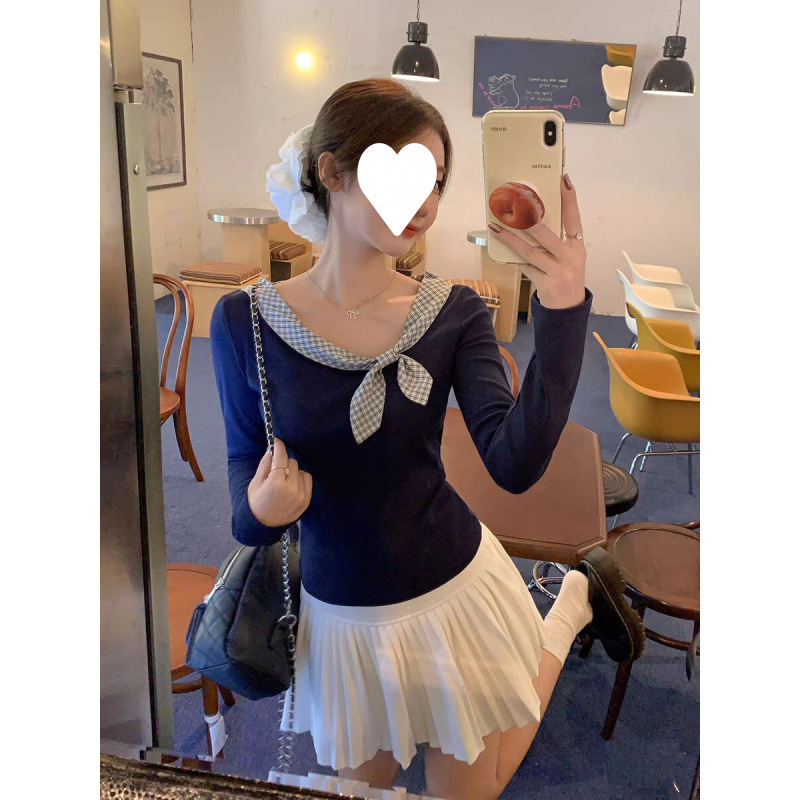 藏蓝色兔耳朵绑带设计感长袖T恤女2025初秋新款修身显瘦百搭上衣|undefined