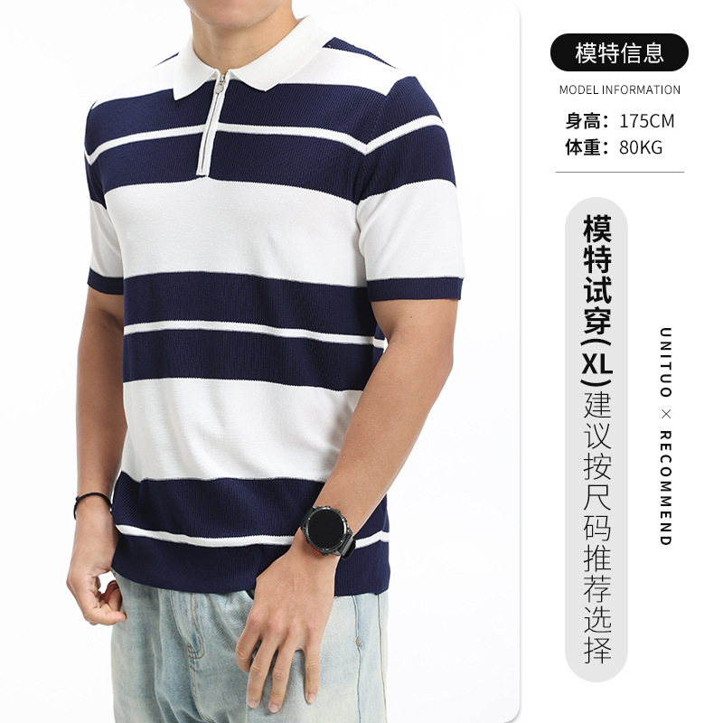 Lujo ligero viejo estilo de dinero para hombres a rayas de punto polo de seda de hielo para hombres mangas cortas de negocios casual solapa de alta calidad ropa de hombre