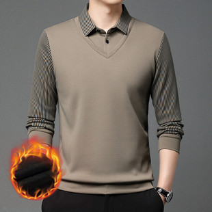fleece-lined Thickened Fake Two-piece Men's Lapel Striped Long-sleeved Autumn and Winter Striped Fashionable Warm Polo Sweater Knitwear