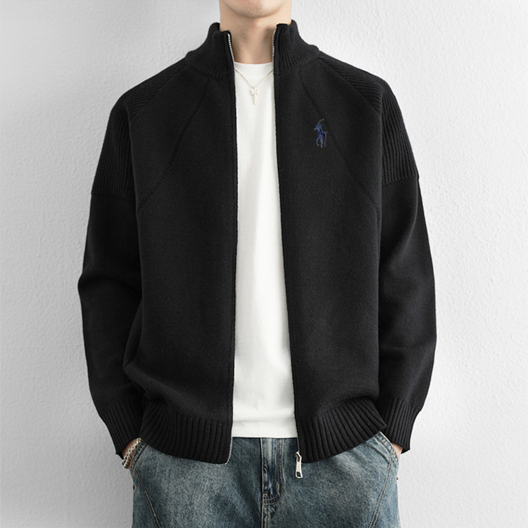 Gilet cardigan homme à double fermeture éclair, logo équitation tendance, col montant, maille haut de gamme, style business_voghion.com