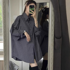 JYCCCCC黑竖条纹衬衫女春秋新款松弛感慵懒休闲宽松廓形长袖衬衣