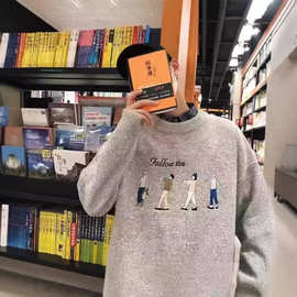 欧货潮流时尚男式毛衫宽松慵懒风秋冬季半高领刺绣毛衣男士针织衫