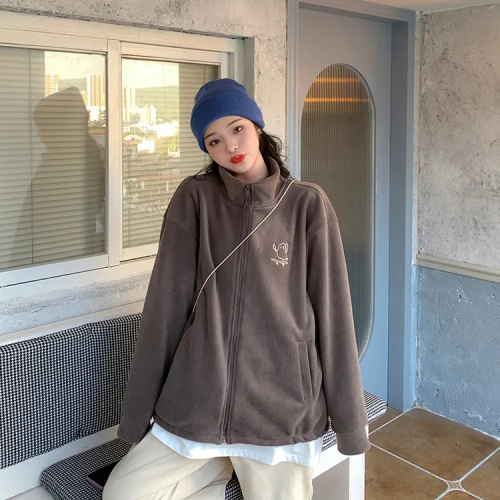 Warm Thick Wool Fleece Embroidered High Collar Zip-up Sweater for Women, Insulated Plush Outerwear