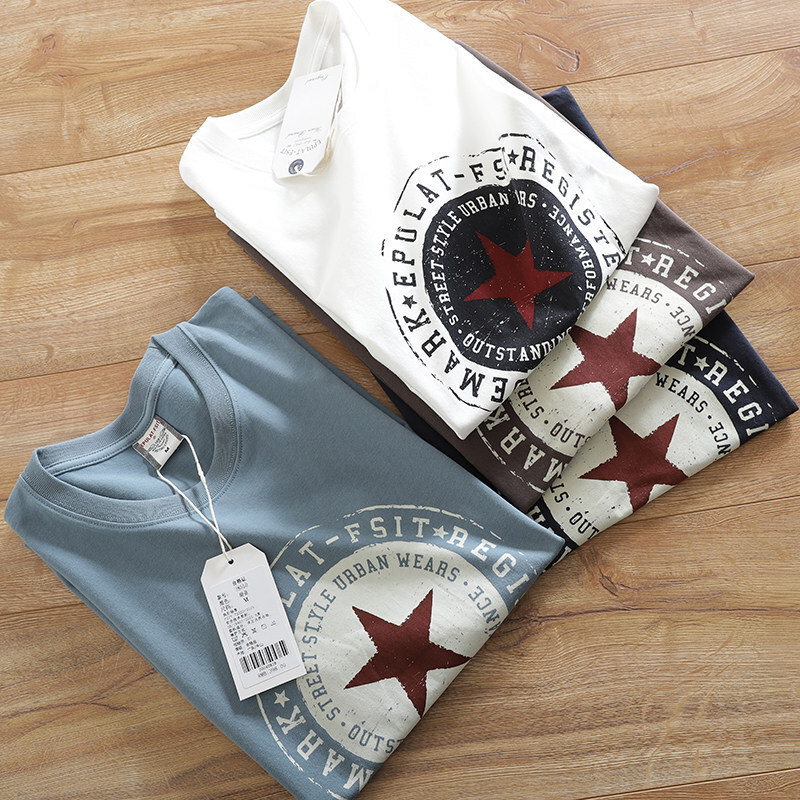 Ame-Kaji Retro~Fully Washed and Brushed! Summer Men's Fashionable Printed Casual Round-Neck Short-Sleeve T-Shirt Trend