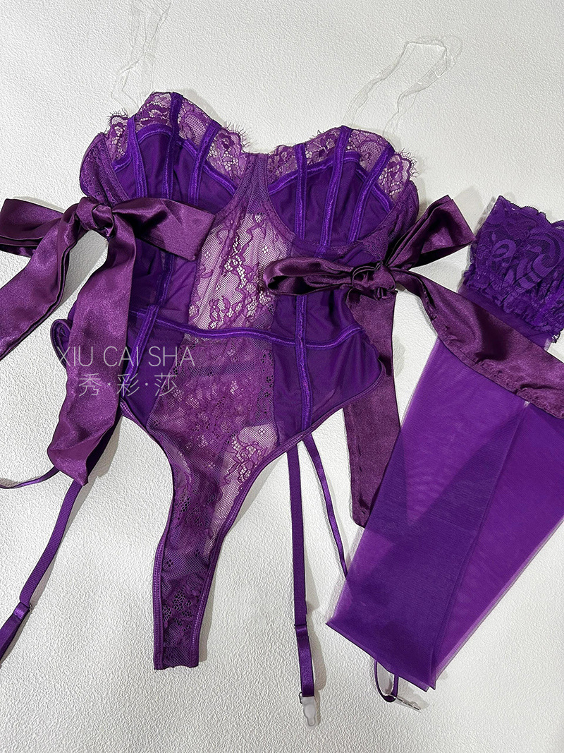 Lace Bodysuit with Garter Straps and Black Stockings, Sheer Intimate Apparel — detail image 24