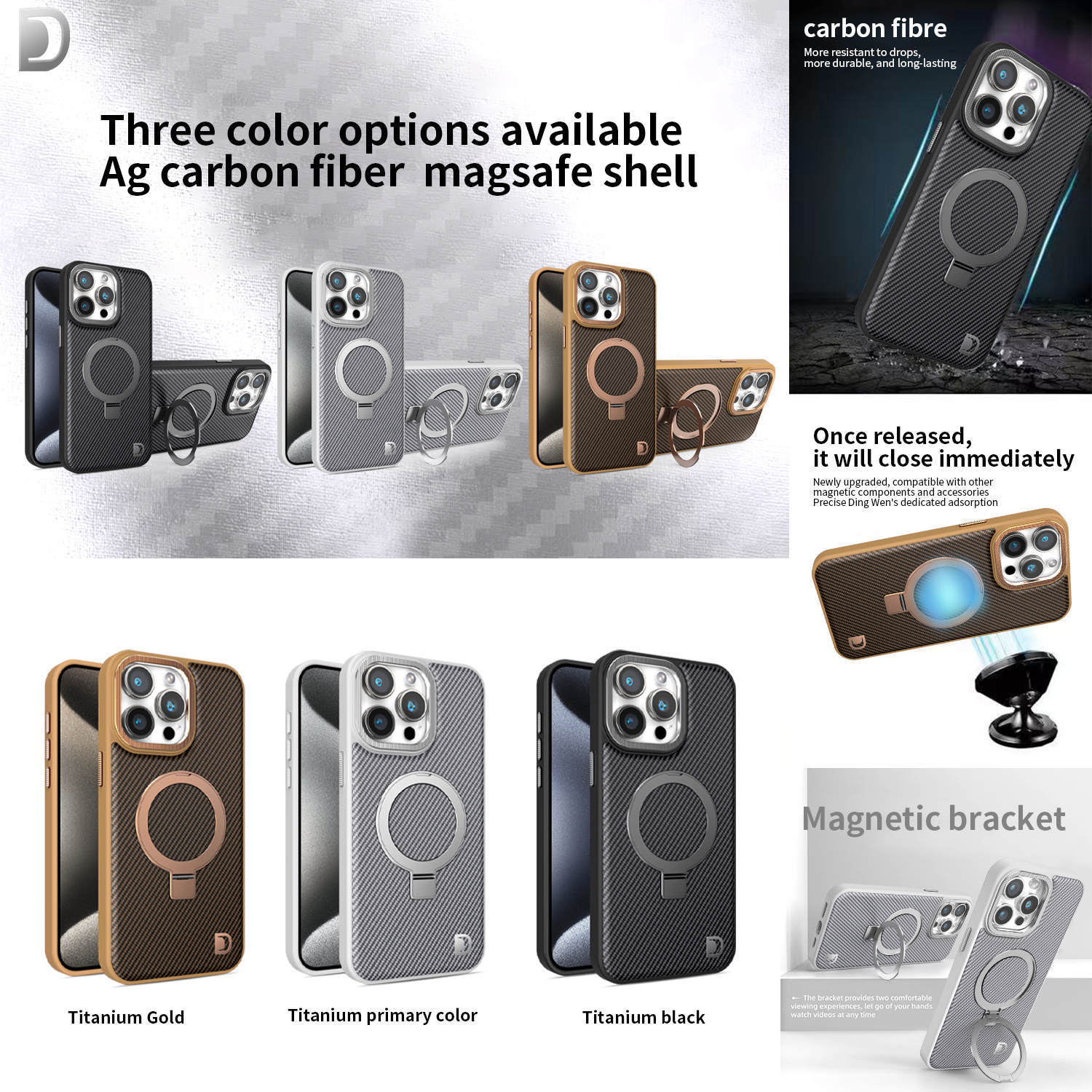 Ốp lưng iPhone 16 Pro Max từ tính vân sợi carbon, da mờ chống sốc — Màu đen, Vàng sa mạc, Màu xám chi tiết 13