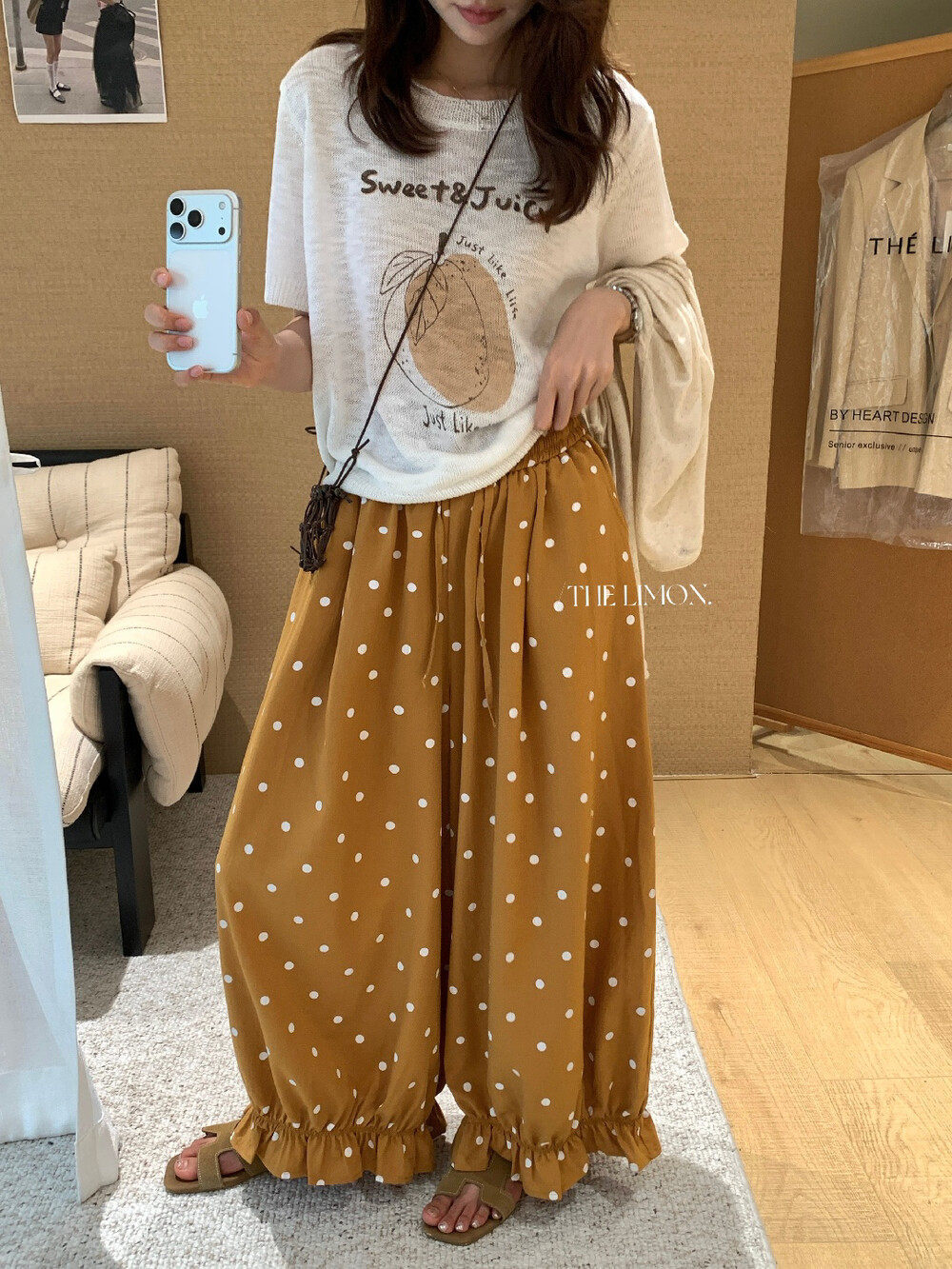 Quần culottes nữ ống rộng chấm bi phong cách vintage, cạp chun, dáng suông rộng thoải mái — màu đen, Màu bí ngô, màu trắng, màu xám chi tiết 7