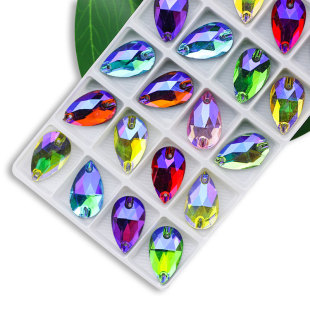 Color Magic Color AB Water Drops Pear-shaped Flat Buckle Double Hole Crystal Glass Flat Bottom Hand-stitched Sticker Diamond DIY Clothing Shoes