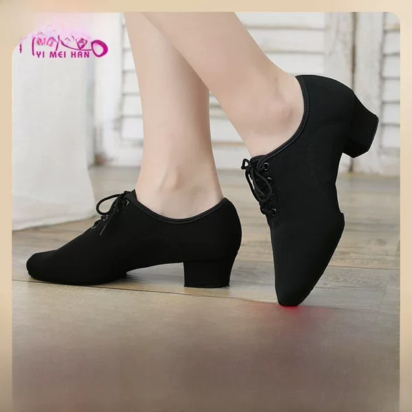 Yimei Adult Latin Dance Shoes Oxford Cloth Women's Black Square Ballet Shoes Social Dance Shoes