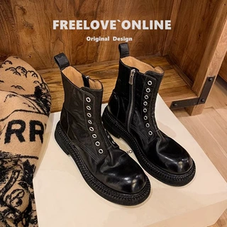 牛皮现货~香港秋冬新款水洗真皮复古厚底八孔侧拉链机车马丁靴女