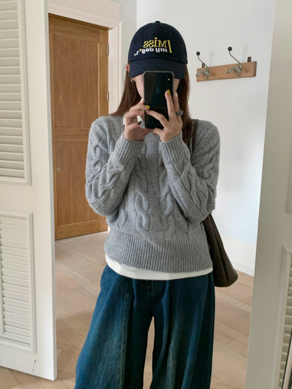 GAGD 绞花圆领拼接长袖羊毛针织毛衣女 韩系套头百搭显瘦毛衣上衣|undefined