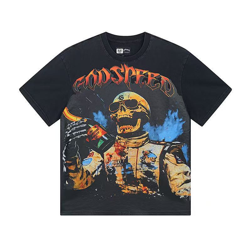 クロスボーダー 25ss アメリカのトレンディなブランド Godsed ロックバンドバスケットボール高品質ウォッシュブラック半袖 T シャツ男性と女性用|undefined