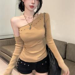 夏の新しいホットガールスタイルホットダイヤモンドオフショルダー長袖セータートップ女性のための韓国スタイルオフショルダースリム長袖セーター