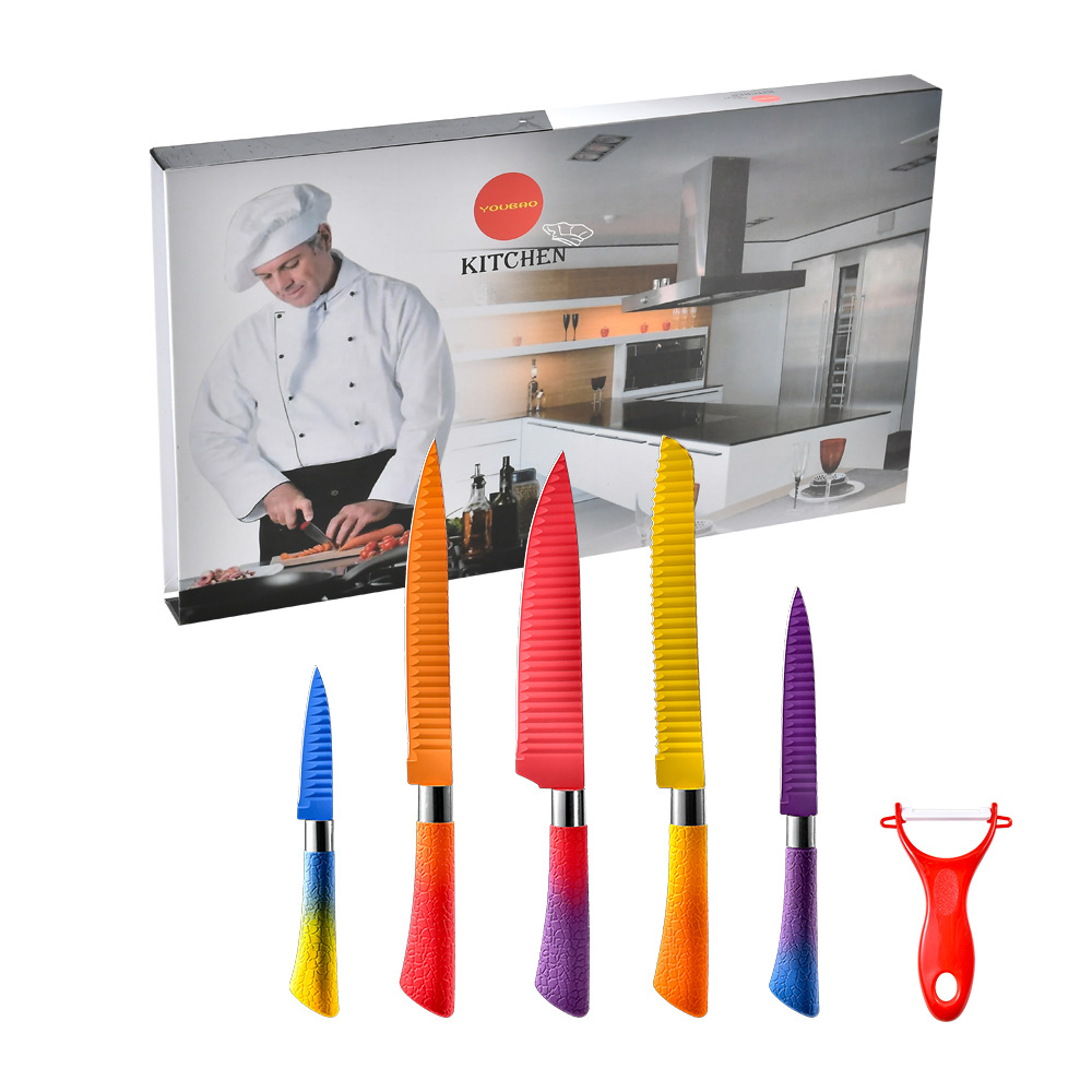 不锈钢6件套礼盒厨房套刀 彩色扎纹不粘刀具套装礼品套刀批发