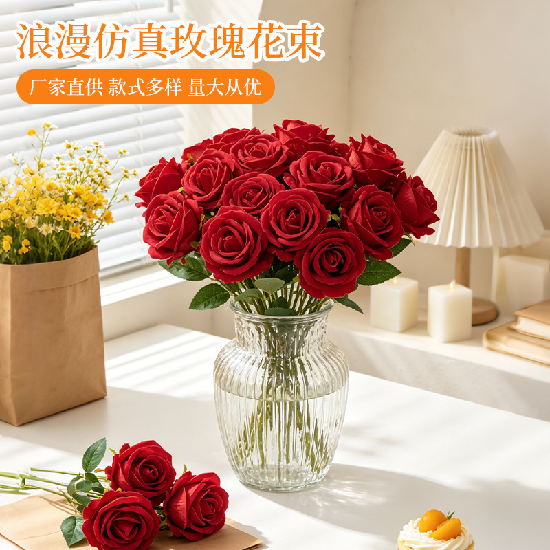 Velvet Artificial Flower, Simulated Red Rose, Single Stem, Vintage Velvet Fake Rose Bouquet, Home Decoration Velvet Artificial Flower, Simulated Red Rose, Single Stem, Vintage Velvet Fake Rose Bouquet, Home Decoration
