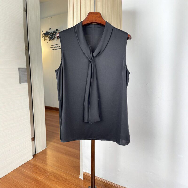 Intellectual Style Silk Tie-Neck Blouse for Women, Summer Thin Style, Elegant and Graceful Mulberry Silk Sleeveless Top Intellectual Style Silk Tie-Neck Blouse for Women, Summer Thin Style, Elegant and Graceful Mulberry Silk Sleeveless Top