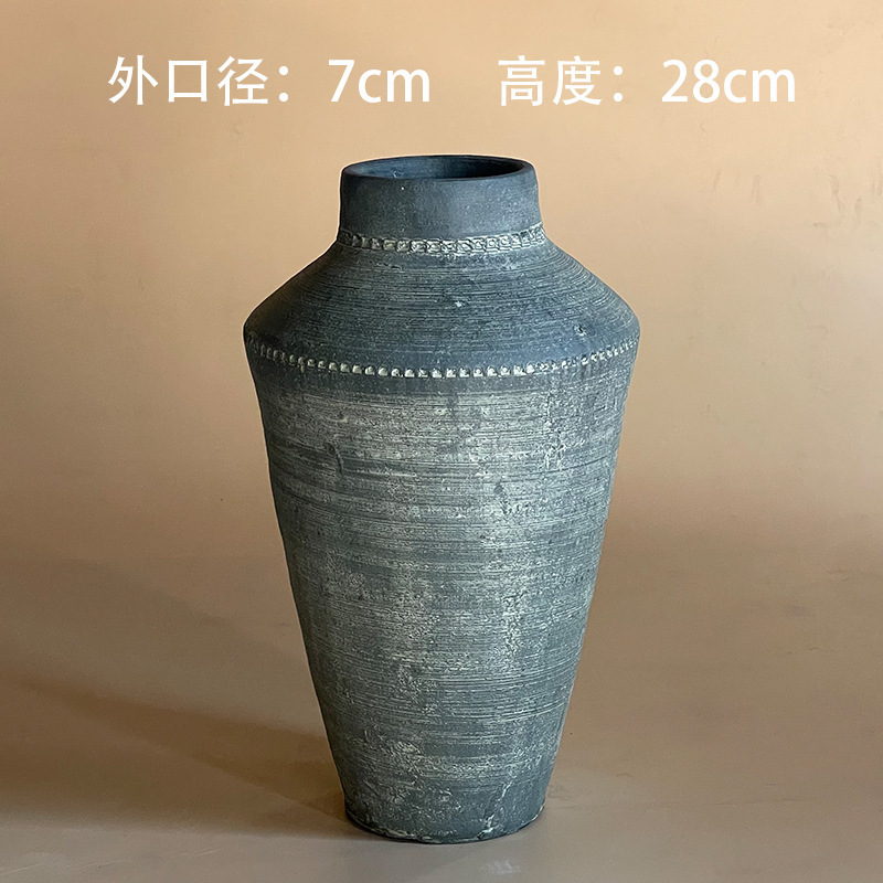 侘寂风粗陶花瓶陶罐花盆插花复古做旧风仿古瓦罐盆坛子灰陶摆件|undefined