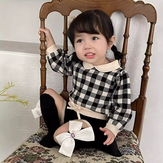 Cutemily女童秋冬ins可爱元宝领格子针织套装套头上衣短裤2件套装