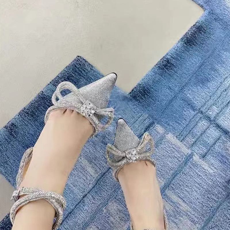 Manufacturers order European and American style new bow rhinestone pointed Glitt sandals women's strap stiletto heels