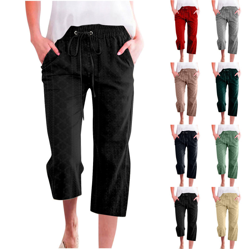 24 Amazon Cross-border wish Women's Solid Color Drawstring Court Lock Casual Loose Straight Pocket Home Cropped Pants