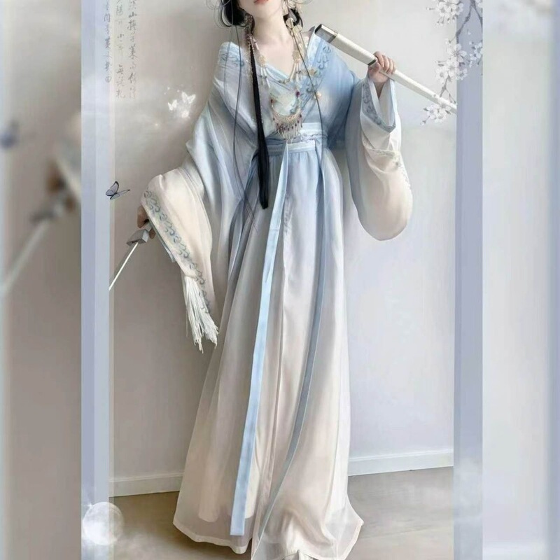 Chutang【Moonlight Return】Cross-Collar Straight-Cut Printed Modified Daily Hanfu, Slimming Fairy Dress, New Spring/Summer Style