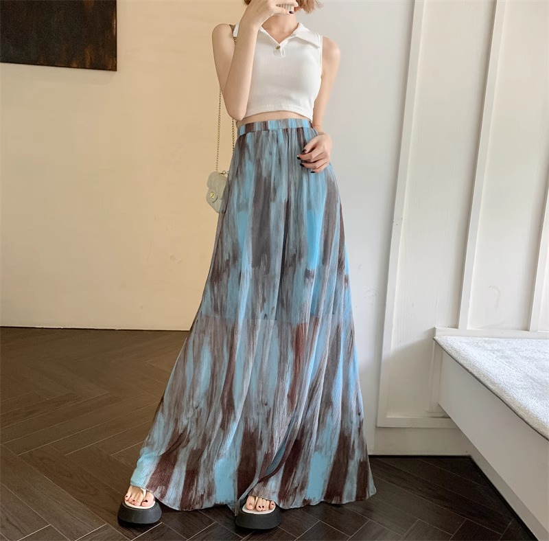 350g Weight Maxi Long Dress Dress Length Type Skirt Dresses Type Spandex, Polyester Fabric Type High Waist Waist Line Micro-Elastic Elasticity Holiday, Daily Occasion Loose Fit Type Printing Pattern Summer, Spring Season Women's Gender Vintage Style, Streetwear Style Blue Color Vintage Tie-Dye Midi Skirt For Women Spring Summer Vacation Style High Waist Slimming A-Line Skirt Draped Long Skirt Niche Flared Skirt Street Style High Street 1