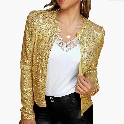 Women's Spring European and American Round Neck Long Sleeve Solid Color Cardigan Casual Stylish Shimmer Jacket