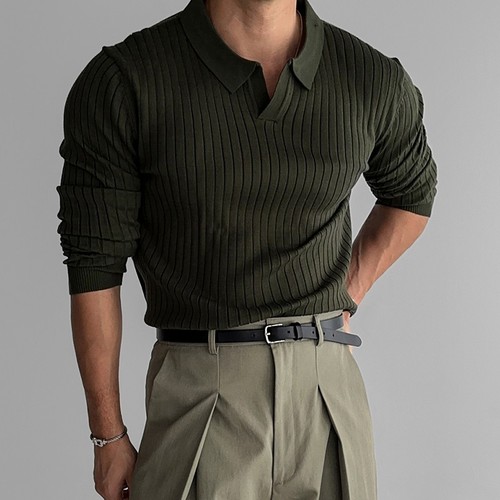 Men's Black Long Sleeve Polo Shirt Fall Trend Minimalist Muscle Fitness Striped Knit Collar T-shirt