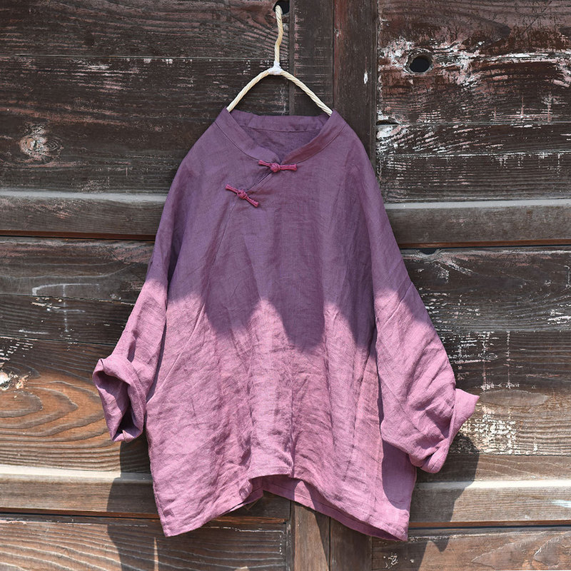 Antique/original sand washed Ramie stand collar top vintage handmade stitching Buckle Chinese style slant loose blouse