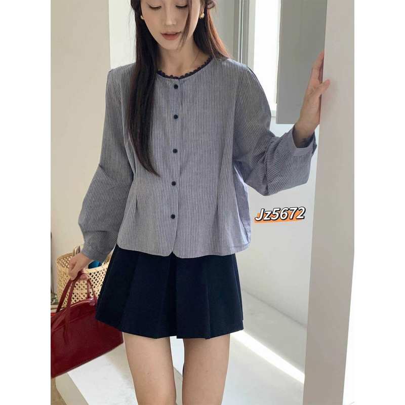 French-style elegant lace round-neck striped shirt, simple and versatile, casual, waist-cinching, slimming, long-sleeved women's shirt ZR