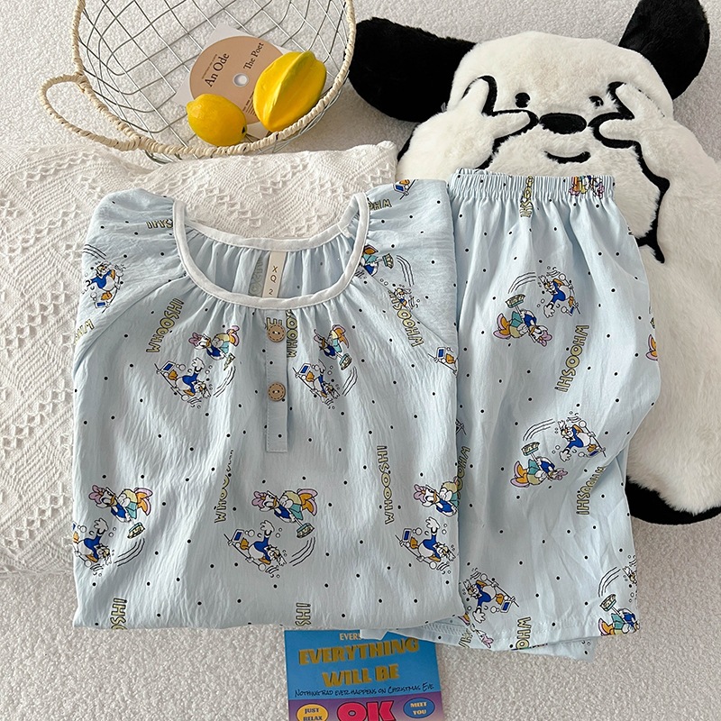 Primavera y verano nubes de algodón pijamas de mangas cortas de cuello redondo encantador dibujos animados de niña en ropa de casa dos piezas de pijamas