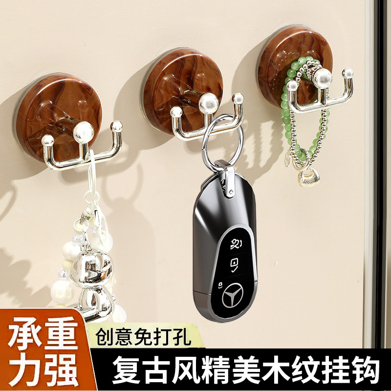 Wood Grain Suction Cup Hook, No-Drill Adhesive Hook, Suction Cup Bathroom Door Hanger, Kitchen Double-Headed Hook, Strong Adhesive Hook