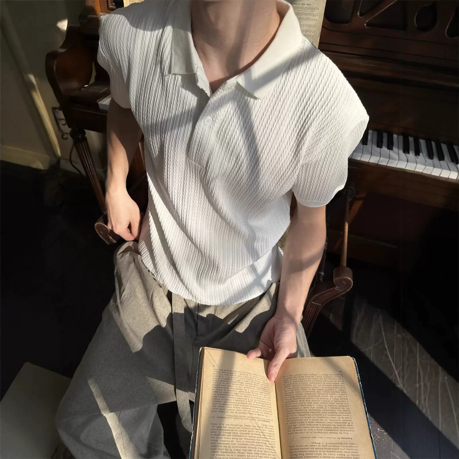 EME男装 老钱风25新款亨利领短袖男女复古Cleanfit翻领针织衫上衣