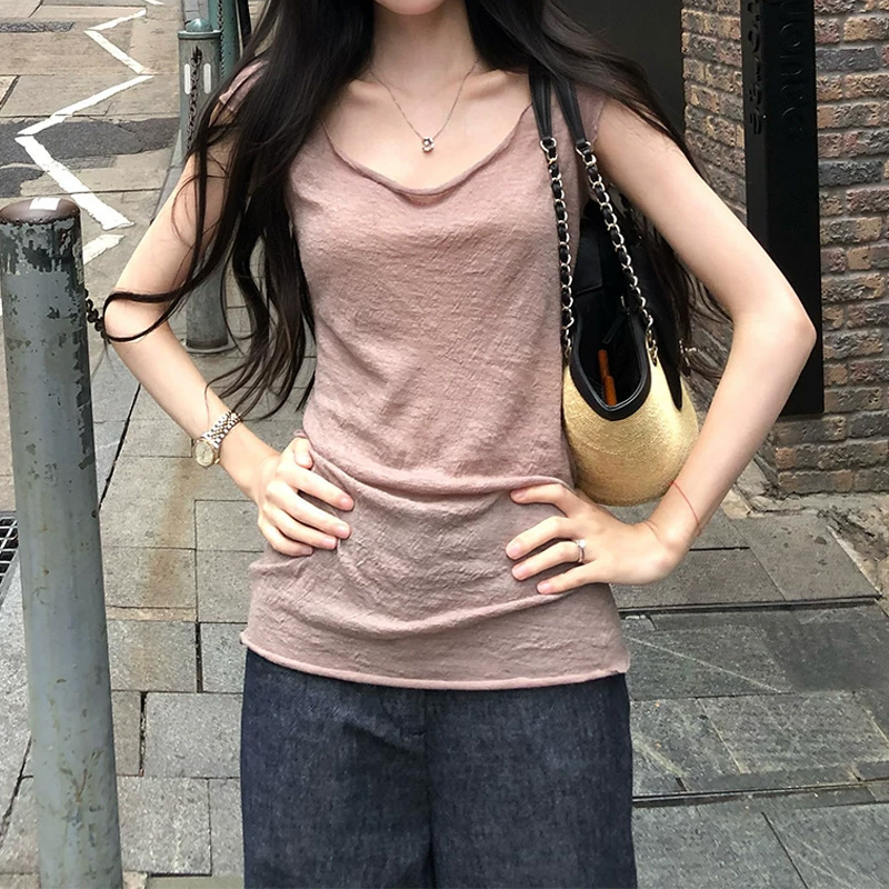 Jinyi "Rose Poetry Magazine" Pure Vibe Minimalist Natural Raw Edge Slimming Jacquard Wool Blend Versatile T-Shirt Jinyi "Rose Poetry Magazine" Pure Vibe Minimalist Natural Raw Edge Slimming Jacquard Wool Blend Versatile T-Shirt