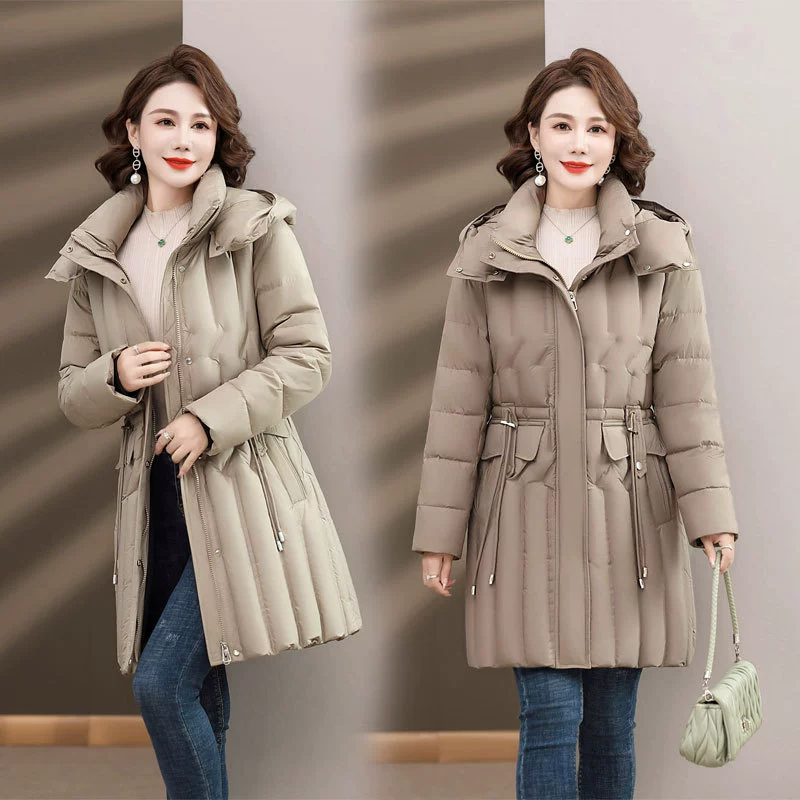 Пуховик для женщин среднего возраста, утолщенная длинная талия с капюшоном, новое зимнее элегантное пальто для мамы среднего возраста