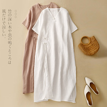 实拍现货盘扣斜襟开叉棉麻连衣裙V领中国风改良禅意茶服中式长裙
