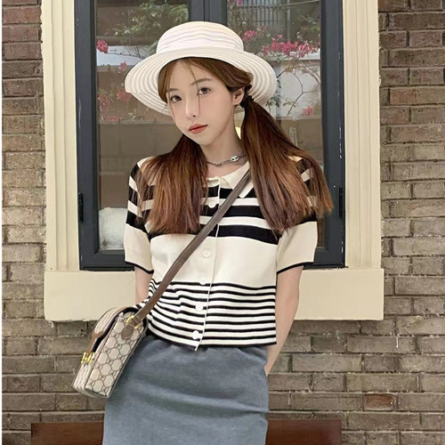 Summer Striped Polo Collar Short Sleeve Knit T-shirt for Women Sweet Cool Charming Thin Short Top